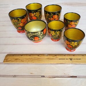 Hand-Painted Russian Khokhloma Wooden Cups Set